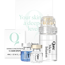 Skincare product bottles and box with text.