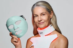 LED mask and neck device demonstrating radio frequency vs red light therapy for at-home skincare