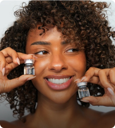 Woman smiling, holding micro-infusion serum vials
