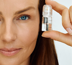 Woman holding a micro-infusion serum bottle close to her face
